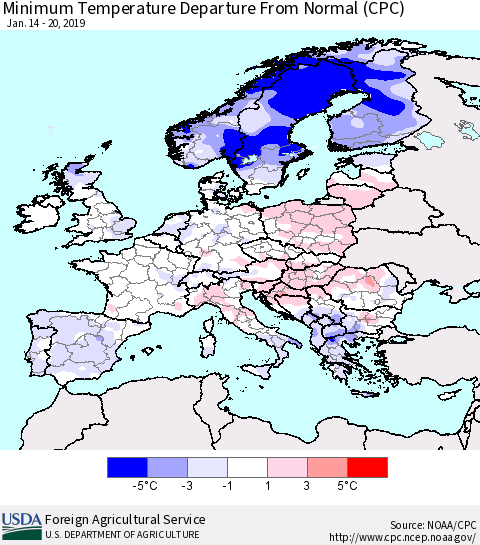 Europe Mean Minimum Temperature Departure from Normal (CPC) Thematic Map For 1/14/2019 - 1/20/2019