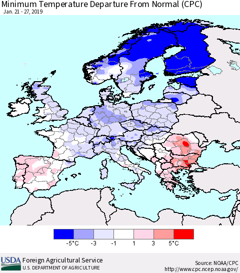 Europe Mean Minimum Temperature Departure from Normal (CPC) Thematic Map For 1/21/2019 - 1/27/2019