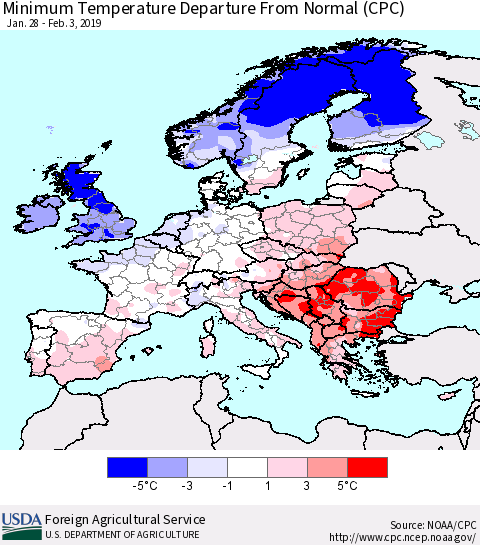 Europe Mean Minimum Temperature Departure from Normal (CPC) Thematic Map For 1/28/2019 - 2/3/2019
