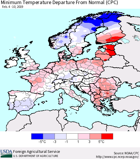 Europe Mean Minimum Temperature Departure from Normal (CPC) Thematic Map For 2/4/2019 - 2/10/2019
