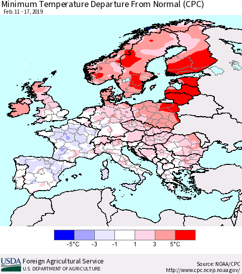 Europe Mean Minimum Temperature Departure from Normal (CPC) Thematic Map For 2/11/2019 - 2/17/2019