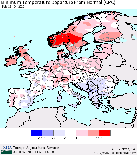 Europe Mean Minimum Temperature Departure from Normal (CPC) Thematic Map For 2/18/2019 - 2/24/2019