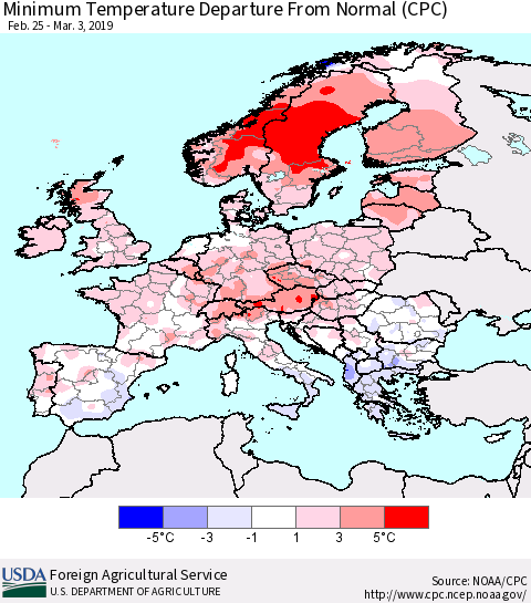 Europe Mean Minimum Temperature Departure from Normal (CPC) Thematic Map For 2/25/2019 - 3/3/2019