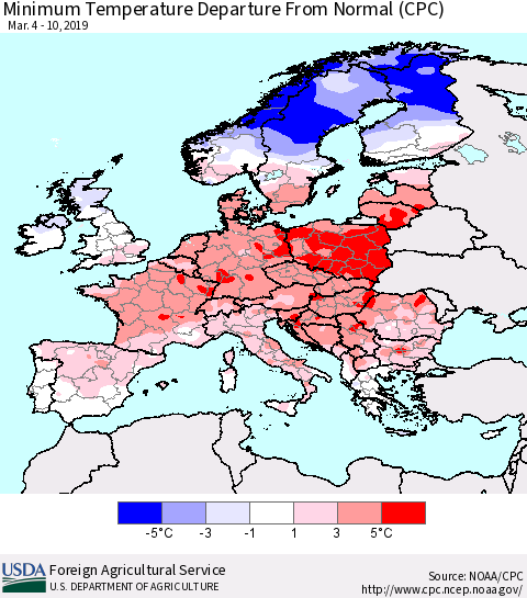 Europe Mean Minimum Temperature Departure from Normal (CPC) Thematic Map For 3/4/2019 - 3/10/2019