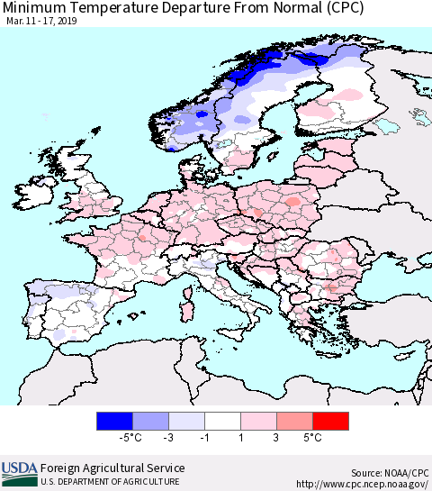 Europe Mean Minimum Temperature Departure from Normal (CPC) Thematic Map For 3/11/2019 - 3/17/2019
