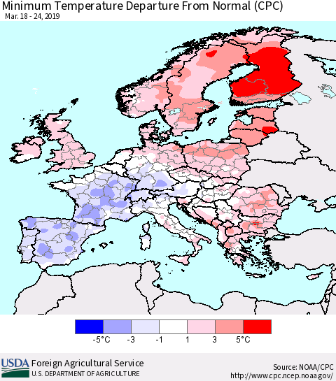 Europe Mean Minimum Temperature Departure from Normal (CPC) Thematic Map For 3/18/2019 - 3/24/2019