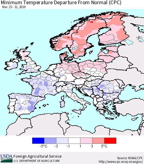 Europe Mean Minimum Temperature Departure from Normal (CPC) Thematic Map For 3/25/2019 - 3/31/2019