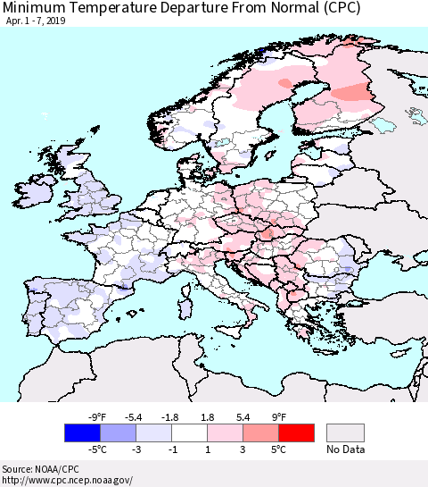 Europe Mean Minimum Temperature Departure from Normal (CPC) Thematic Map For 4/1/2019 - 4/7/2019