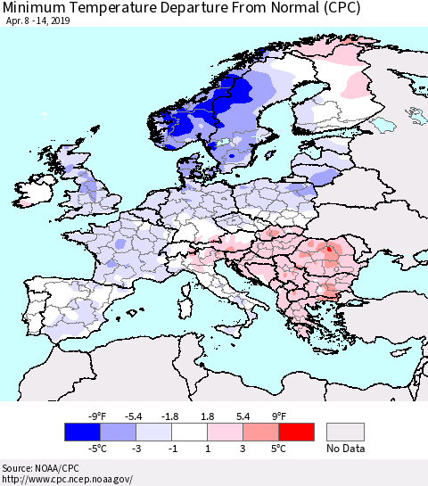 Europe Mean Minimum Temperature Departure from Normal (CPC) Thematic Map For 4/8/2019 - 4/14/2019