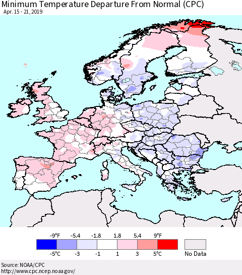 Europe Mean Minimum Temperature Departure from Normal (CPC) Thematic Map For 4/15/2019 - 4/21/2019