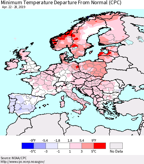 Europe Mean Minimum Temperature Departure from Normal (CPC) Thematic Map For 4/22/2019 - 4/28/2019