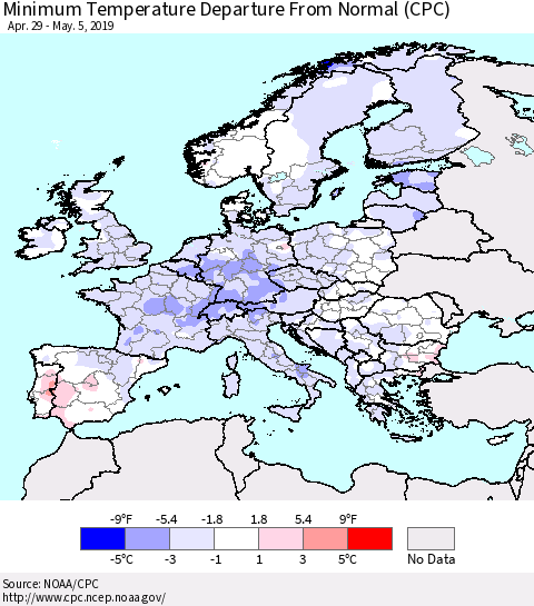 Europe Mean Minimum Temperature Departure from Normal (CPC) Thematic Map For 4/29/2019 - 5/5/2019