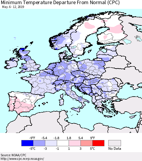Europe Mean Minimum Temperature Departure from Normal (CPC) Thematic Map For 5/6/2019 - 5/12/2019