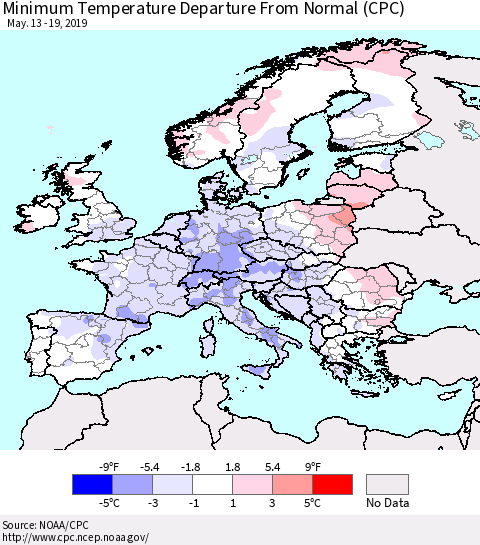 Europe Mean Minimum Temperature Departure from Normal (CPC) Thematic Map For 5/13/2019 - 5/19/2019