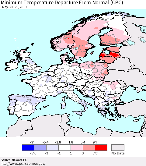 Europe Mean Minimum Temperature Departure from Normal (CPC) Thematic Map For 5/20/2019 - 5/26/2019