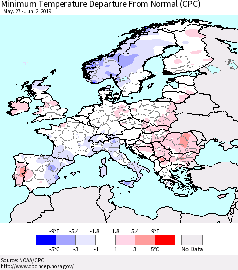 Europe Mean Minimum Temperature Departure from Normal (CPC) Thematic Map For 5/27/2019 - 6/2/2019