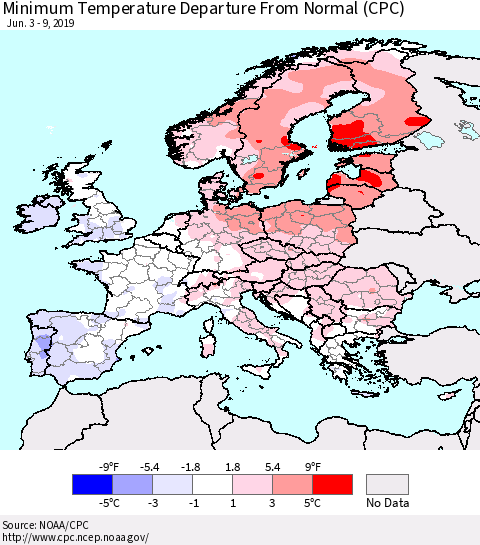 Europe Mean Minimum Temperature Departure from Normal (CPC) Thematic Map For 6/3/2019 - 6/9/2019
