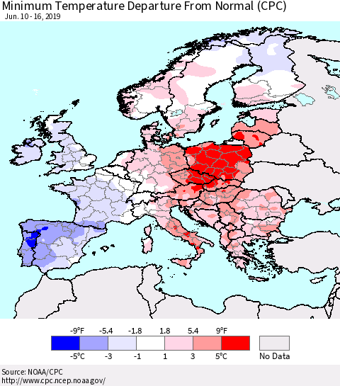Europe Mean Minimum Temperature Departure from Normal (CPC) Thematic Map For 6/10/2019 - 6/16/2019