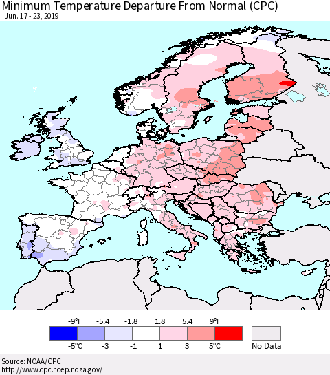Europe Mean Minimum Temperature Departure from Normal (CPC) Thematic Map For 6/17/2019 - 6/23/2019