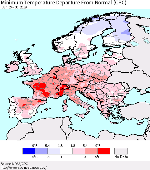 Europe Mean Minimum Temperature Departure from Normal (CPC) Thematic Map For 6/24/2019 - 6/30/2019