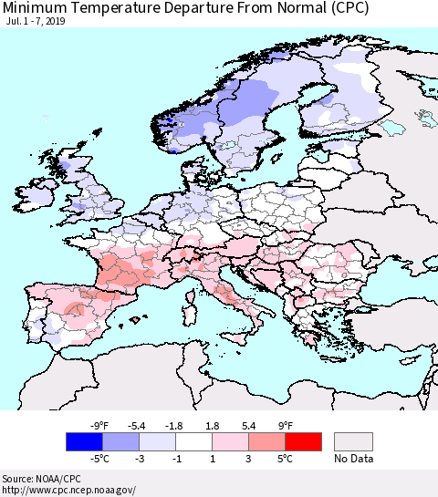 Europe Mean Minimum Temperature Departure from Normal (CPC) Thematic Map For 7/1/2019 - 7/7/2019