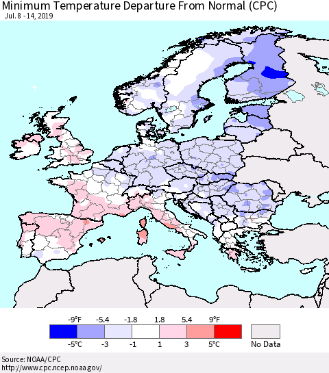 Europe Mean Minimum Temperature Departure from Normal (CPC) Thematic Map For 7/8/2019 - 7/14/2019