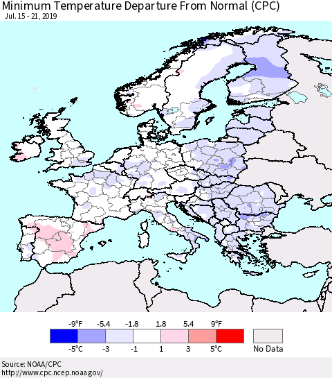 Europe Mean Minimum Temperature Departure from Normal (CPC) Thematic Map For 7/15/2019 - 7/21/2019