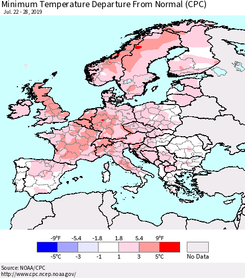Europe Mean Minimum Temperature Departure from Normal (CPC) Thematic Map For 7/22/2019 - 7/28/2019