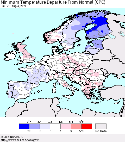 Europe Mean Minimum Temperature Departure from Normal (CPC) Thematic Map For 7/29/2019 - 8/4/2019