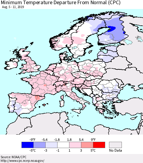 Europe Mean Minimum Temperature Departure from Normal (CPC) Thematic Map For 8/5/2019 - 8/11/2019