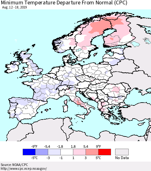 Europe Mean Minimum Temperature Departure from Normal (CPC) Thematic Map For 8/12/2019 - 8/18/2019