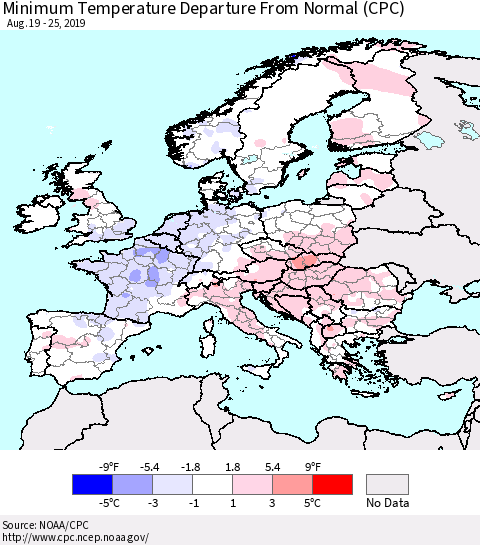 Europe Mean Minimum Temperature Departure from Normal (CPC) Thematic Map For 8/19/2019 - 8/25/2019