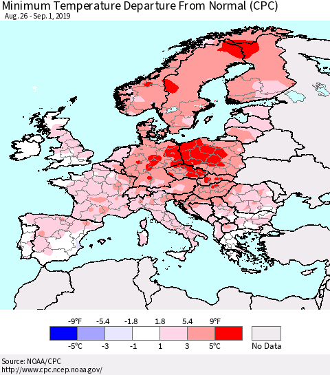 Europe Mean Minimum Temperature Departure from Normal (CPC) Thematic Map For 8/26/2019 - 9/1/2019