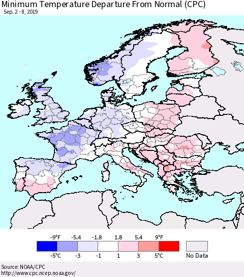 Europe Mean Minimum Temperature Departure from Normal (CPC) Thematic Map For 9/2/2019 - 9/8/2019