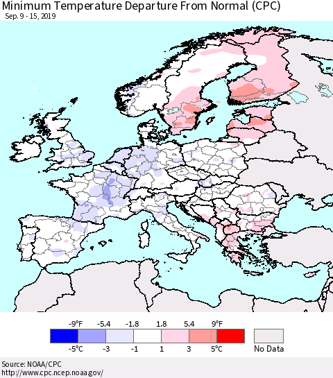 Europe Mean Minimum Temperature Departure from Normal (CPC) Thematic Map For 9/9/2019 - 9/15/2019