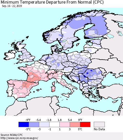 Europe Mean Minimum Temperature Departure from Normal (CPC) Thematic Map For 9/16/2019 - 9/22/2019