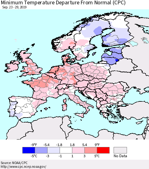 Europe Mean Minimum Temperature Departure from Normal (CPC) Thematic Map For 9/23/2019 - 9/29/2019