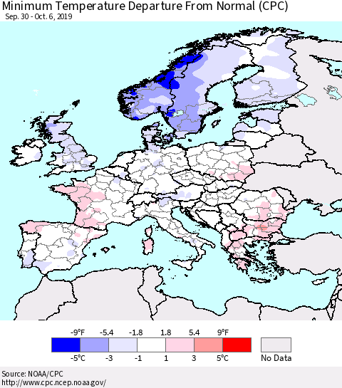 Europe Mean Minimum Temperature Departure from Normal (CPC) Thematic Map For 9/30/2019 - 10/6/2019