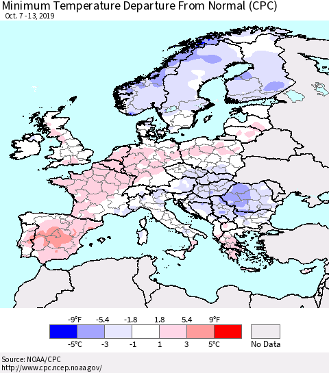Europe Mean Minimum Temperature Departure from Normal (CPC) Thematic Map For 10/7/2019 - 10/13/2019