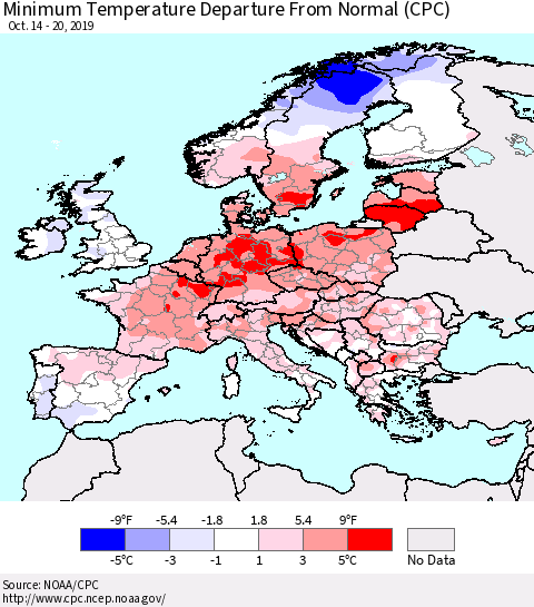 Europe Mean Minimum Temperature Departure from Normal (CPC) Thematic Map For 10/14/2019 - 10/20/2019