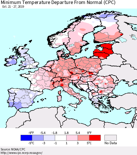 Europe Mean Minimum Temperature Departure from Normal (CPC) Thematic Map For 10/21/2019 - 10/27/2019