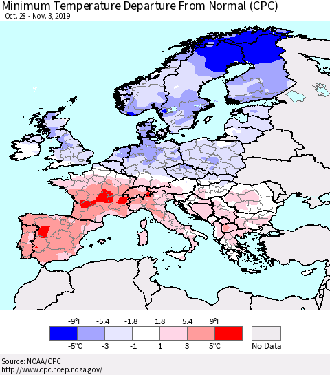 Europe Mean Minimum Temperature Departure from Normal (CPC) Thematic Map For 10/28/2019 - 11/3/2019