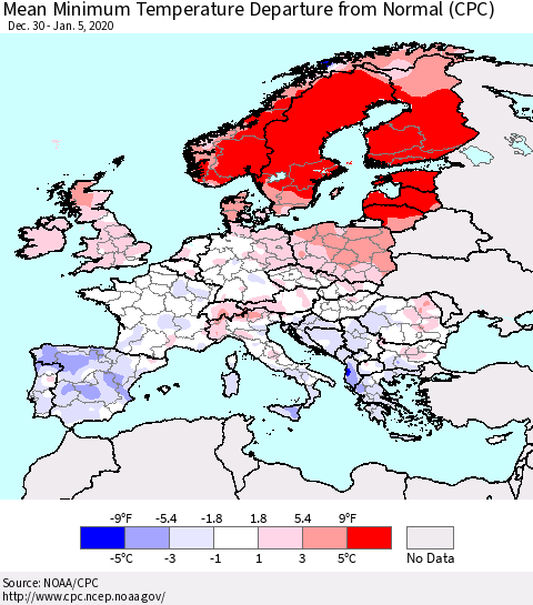 Europe Mean Minimum Temperature Departure from Normal (CPC) Thematic Map For 12/30/2019 - 1/5/2020