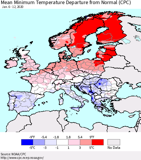 Europe Mean Minimum Temperature Departure from Normal (CPC) Thematic Map For 1/6/2020 - 1/12/2020
