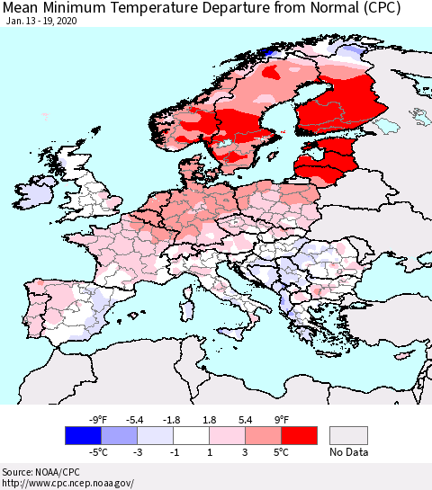 Europe Mean Minimum Temperature Departure from Normal (CPC) Thematic Map For 1/13/2020 - 1/19/2020