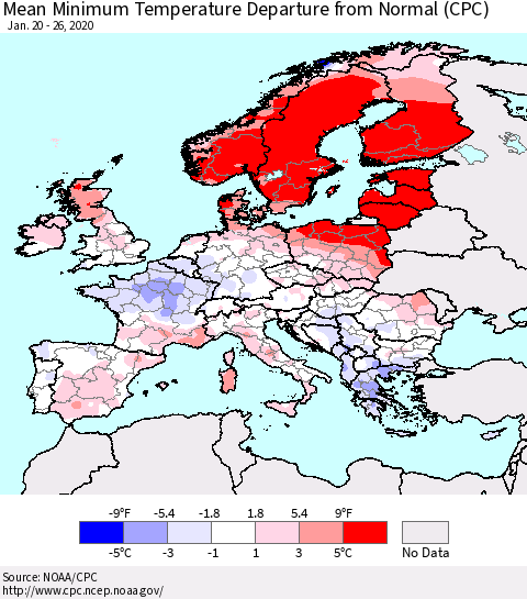 Europe Mean Minimum Temperature Departure from Normal (CPC) Thematic Map For 1/20/2020 - 1/26/2020