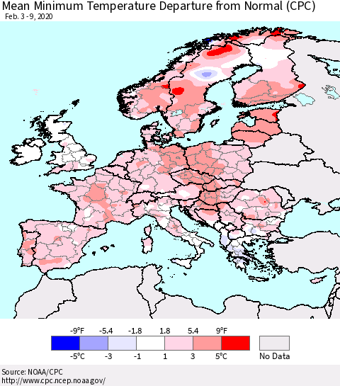 Europe Mean Minimum Temperature Departure from Normal (CPC) Thematic Map For 2/3/2020 - 2/9/2020
