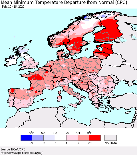 Europe Mean Minimum Temperature Departure from Normal (CPC) Thematic Map For 2/10/2020 - 2/16/2020