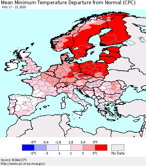 Europe Mean Minimum Temperature Departure from Normal (CPC) Thematic Map For 2/17/2020 - 2/23/2020