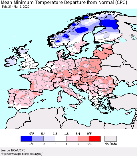 Europe Mean Minimum Temperature Departure from Normal (CPC) Thematic Map For 2/24/2020 - 3/1/2020